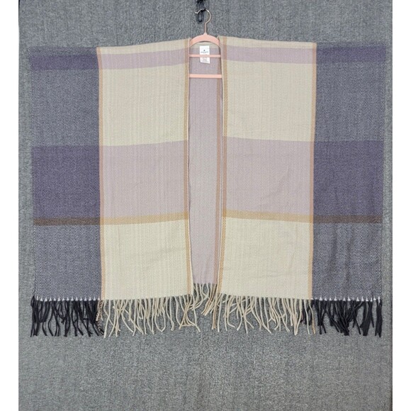 Woolrich Cape Shawl Wrap Womens Purple Herringbone Plaid Fringed Blanket Poncho - Picture 7 of 10